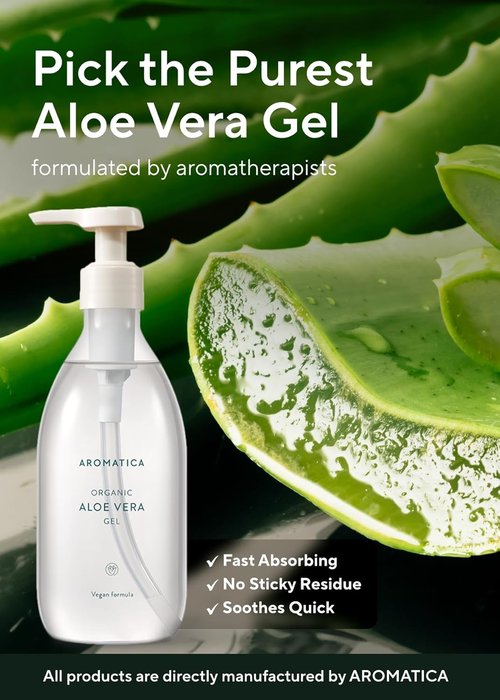AROMATICA Organic Aloe Vera Gel - Sunburn Relief & After Sun Care | 10.14oz/300ml, EWG Verified