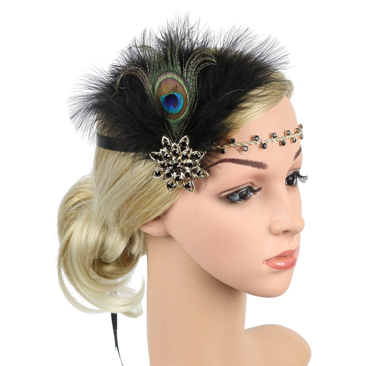 Countonme Art Deco 1920s Accessories Flapper Headband 20s Feather Headpiece Gatsby Costume Peacock Hair Accessories Black