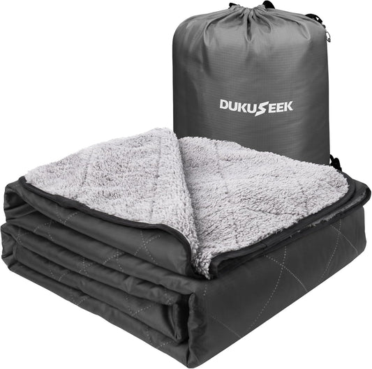 DUKUSEEK Sherpa Waterproof Camping Blanket - Warm, Large Fleece Hooded Blanket for Outdoor Events