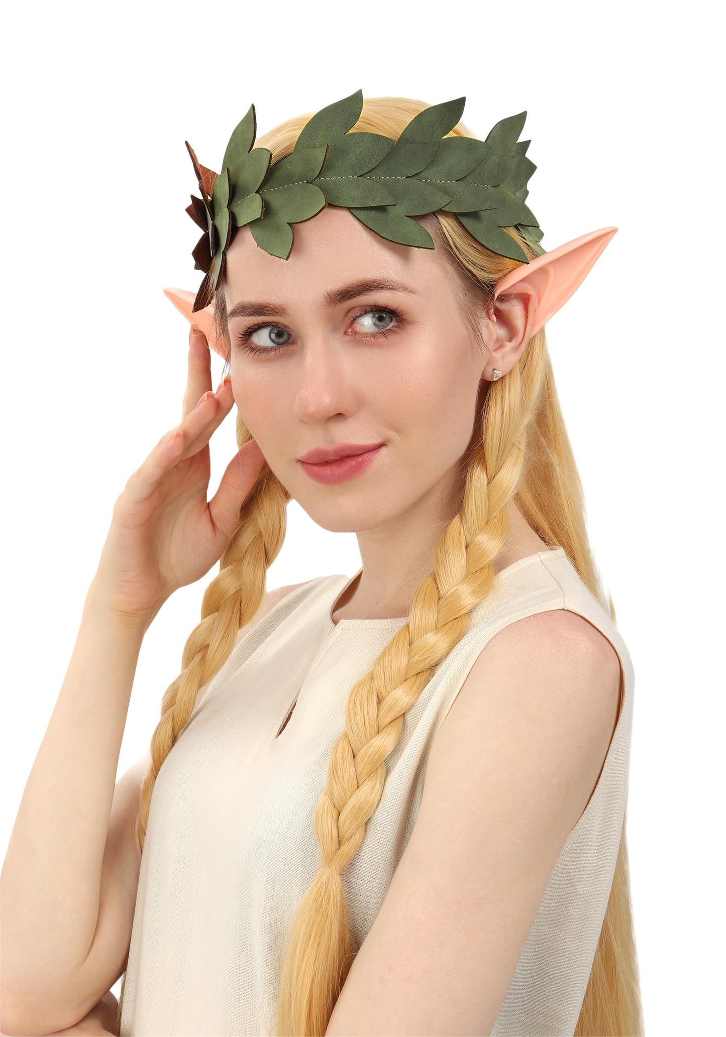 KUOIN Medieval Leaf Crown Headband for Women, Woodland Fairy Elf Faux Leather Tiara Wreath Laurel (Green)