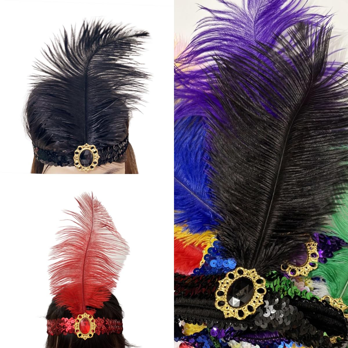 XKTEI 2 Pieces Feather Headpiece,Sequins 1920s Flapper Headband,Mardi Gras Carnival Party Headwear Costume Accessory,Girls Women (Green, Free Size)