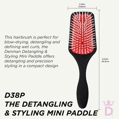 Denman Detangling Paddle Brush - Versatile Wet/Dry Hair Styler for Curly, Coily & Straight Hair