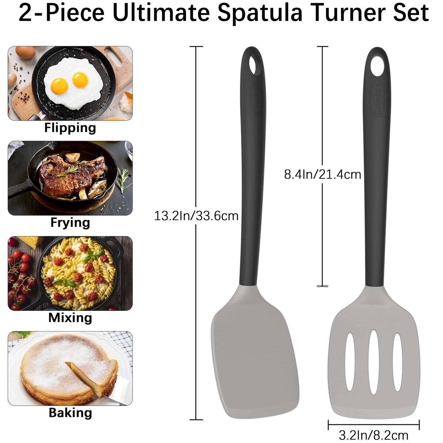 Coukre 2 Pack Silicone Spatula Set, High Heat Resistant, BPA Free Kitchen Spatula, Solid & Slotted Turner for Non-Stick Pans, Sautéing, and Flipping (2, AquaGreen)