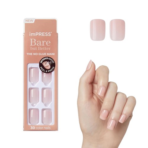 KISS imPRESS Press-On Nails - No Glue, 'Instinct' Pink, Short Squoval Shape, 30 Nails Included