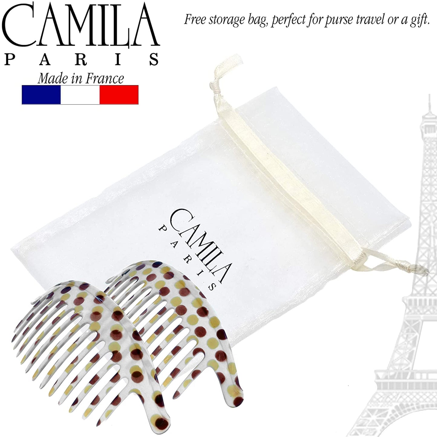 Camila Paris CP1248/2 French Hair Side Combs, Dots Interlocking Combs French Twist Hair Combs, Strong Hold Hair Clips for Women Bun Chignon Up-Do, Styling Girls Hair Accessories, Made in France