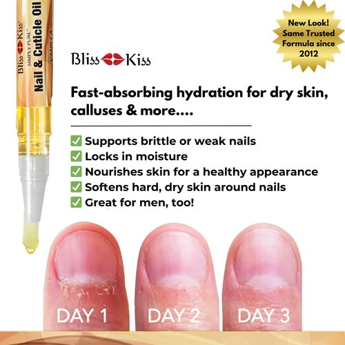 Bliss Kiss | 1 Vanilla Fragrance | Nail Oil Cuticle Pen w/Vitamin E & Jojoba⏤Nail Strengthener Nail Growth Serum for Brittle Peeling Breaking Thin Nails