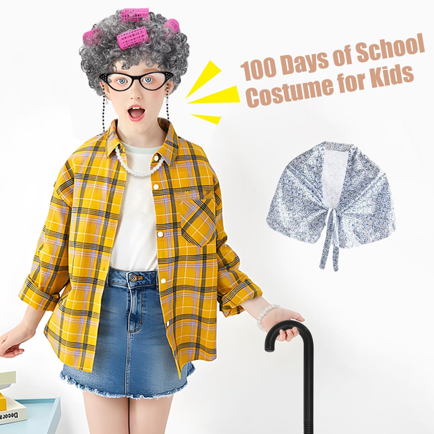 IEBIYO Old Lady Costume for Kids Granny Wig 100 Days of School Costume Set Girls Grandma Costume 10 Pcs Accessories for Halloween Cosplay