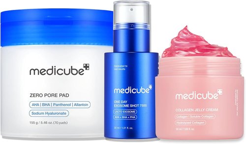 Medicube Affordable Trio - Pore & Texture Care Set with Zero Pore Pads 2.0, Exosome Shot & Collagen Jelly Cream (50ml) | Korean Skincare Gift Set