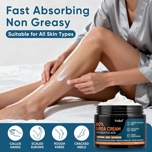 VREKEF Urea Cream 60% Plus Salicylic Acid 2%, Urea Cream 60 Percent for Feet Maximum Strength, Foot Cream for Dry Heels Cracked