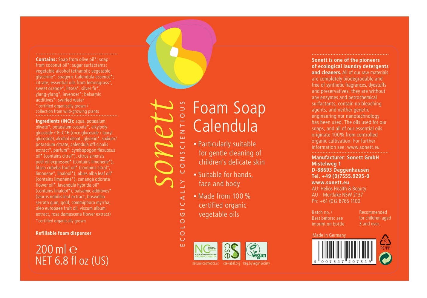 Sonett Organic Foam Soap - Calendula Liquid Body Care for Children | Gentle for Hands, Face & Body (1 Count)