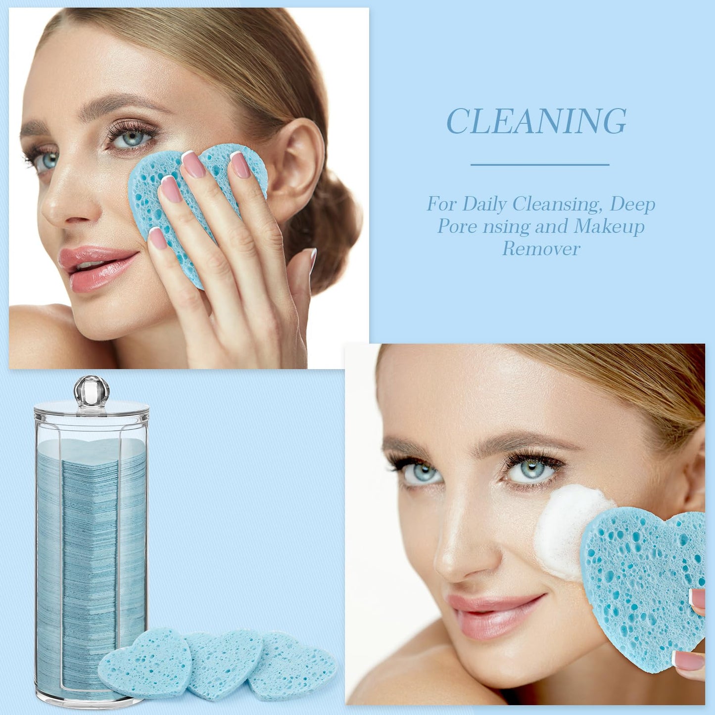 Sieral 120 Pcs Compressed Facial Sponges with Container Disposable Face Sponge Pads for Washing Face Cleansing Exfoliating Esthetician Makeup Removal(Heart,Light Blue)