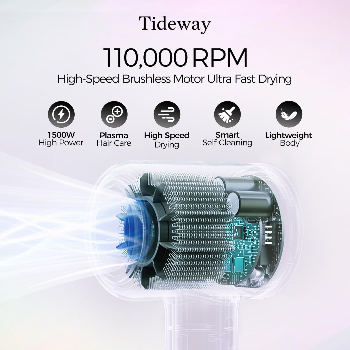 Tideway Hair Dryer Professional High-Speed Ionic Blow Dryer 110,000 RPM, Compact Hair Dryer with Magnetic Diffuser, Fast Drying with Brushless Motor Low Noise Smart Temperature Control-H11