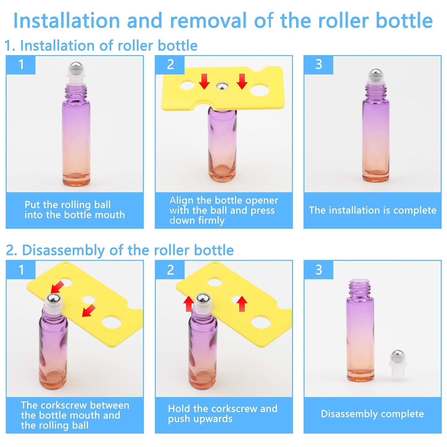 Newzoll 8 Pcs Glass Roller Bottles, 10 ml (1/3 oz) Purple Orange Gradient Roll-on Vials for Essential Oils, Perfume, Lip Balms