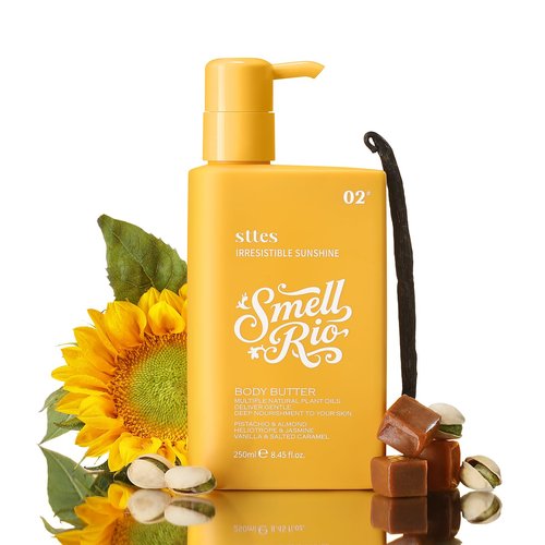 Sttes Smell Rio Body Butter 02# (Irresistible Sunshine) – Pistachio, Almond, Vanilla & Salted Caramel Scent – Fast-Absorbing Firming Body Cream with Coconut & Jojoba Oils, Caffeine, 250ml