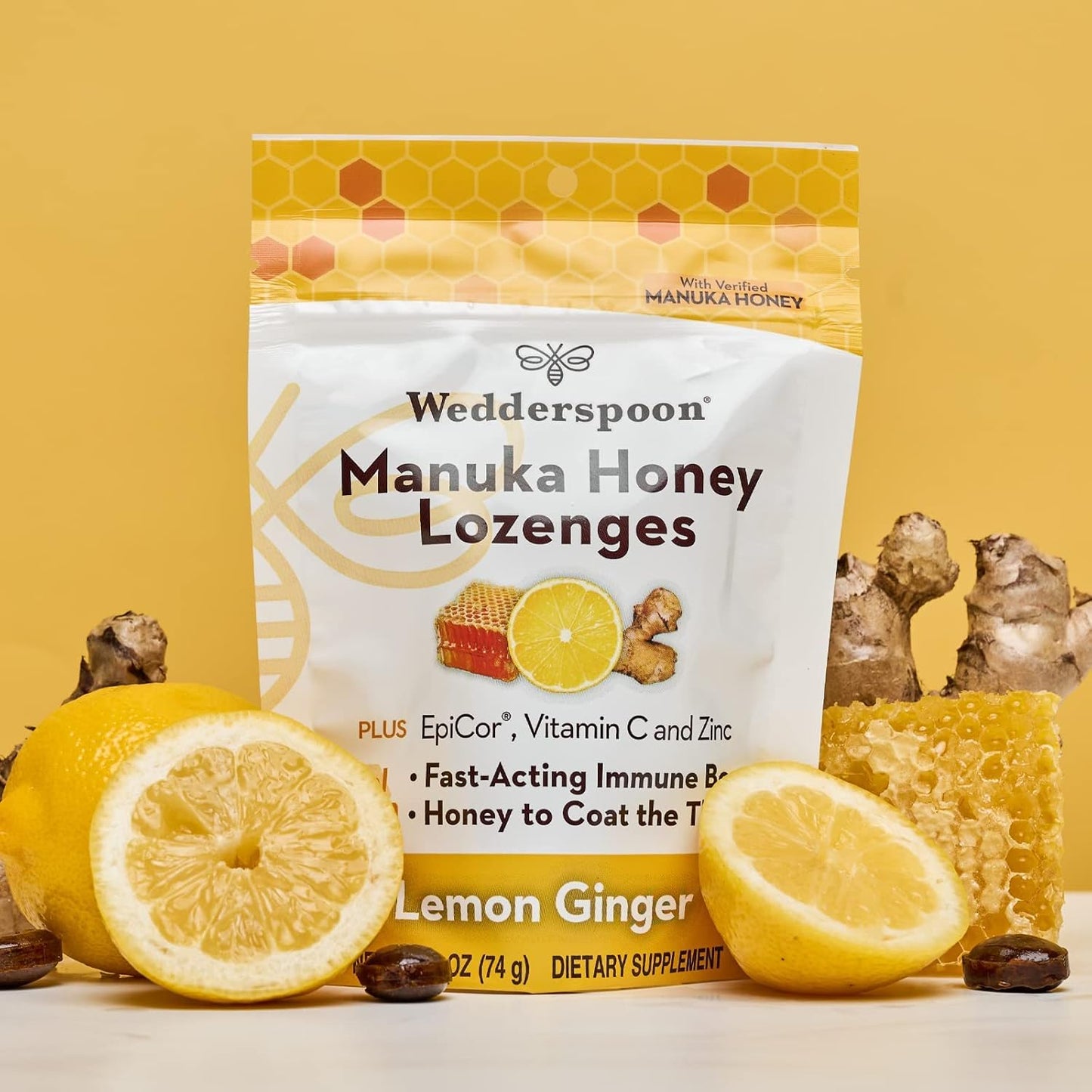 Wedderspoon Manuka Honey Lozenges - Lemon Ginger Flavor, 2.6 Oz | Boost Immunity Fast with Genuine New Zealand Honey