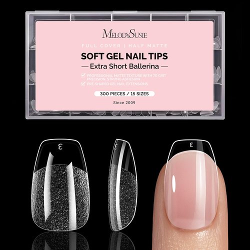 MelodySusie Extra Short Ballerina X Nail Tips - 300Pcs 15 Sizes Clear Acrylic, Half Matte Full Cover Press on Nails for DIY Extension & Salon Use,Pre-Shaped for Long-Lasting Manicure