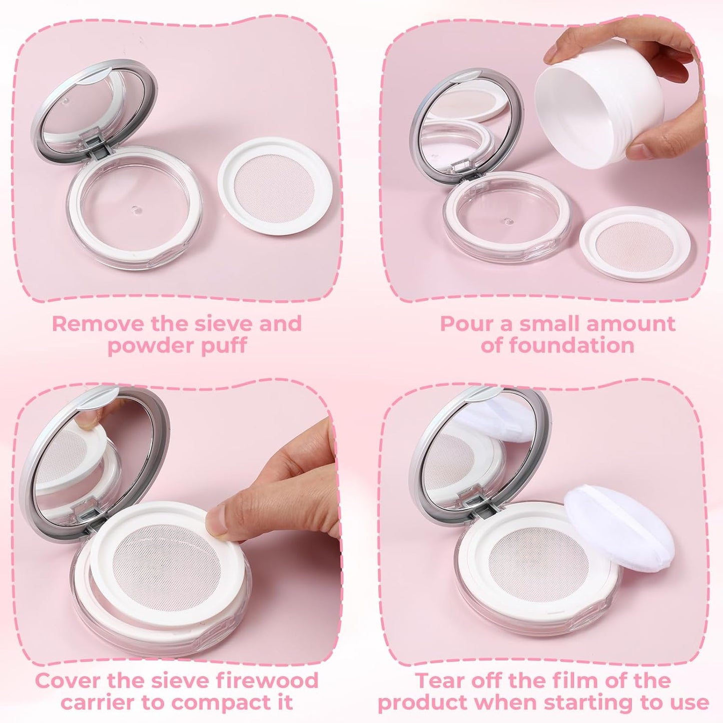 Skiennix Loose Powder Containers - 2 PCS Reusable Mini Makeup Holders with Puff & Mirror | 0.18oz