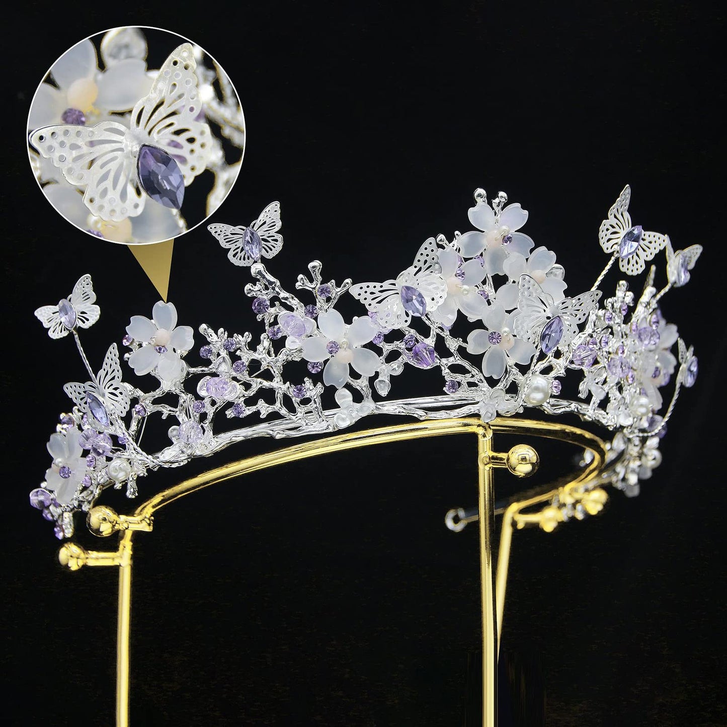 Brihasory Butterfly Queen Birthday Crowns Gold Tiaras for Bride, Crystal Royal Princess Wedding Rhinestone Headband, Costmue Party Christmas Halloween Black Prom Headpiece for Women and Girls (Purple)