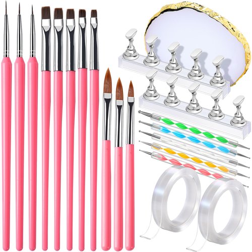 FANDAMEI Nail Art Brushes, Nail Brush Set With Nail Stand, Nail Holder For Painting Nails, Nail Art Tools, Nail Design Tools, 11PCS Nail Brushes For Nail Art, Nail Dotting Tool, Nail Art Palette, Pink