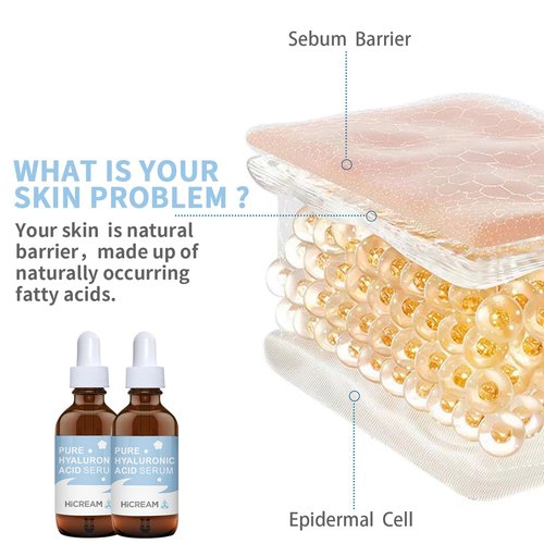 Hicream Hyaluronic Acid Serum - Brightening & Hydrating Face Moisturizer | 100% Pure, Non-Greasy, 2 Oz
