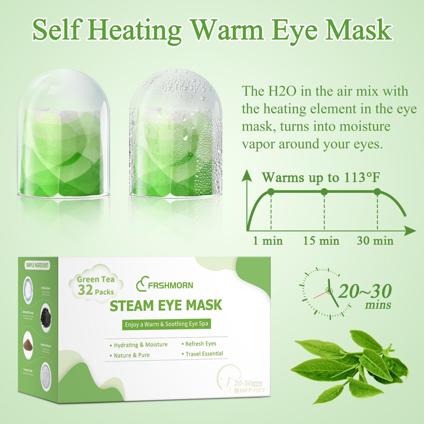FRSHMORN Steam Eye Mask, Heated Eye Mask for Sleep, Warm Compress for Eyes, Self Heating Disposal Eye Mask Comfortable Sleep Mask for Home, Office, Spa, Travel Essentials (Green Tea, 32 Packs)