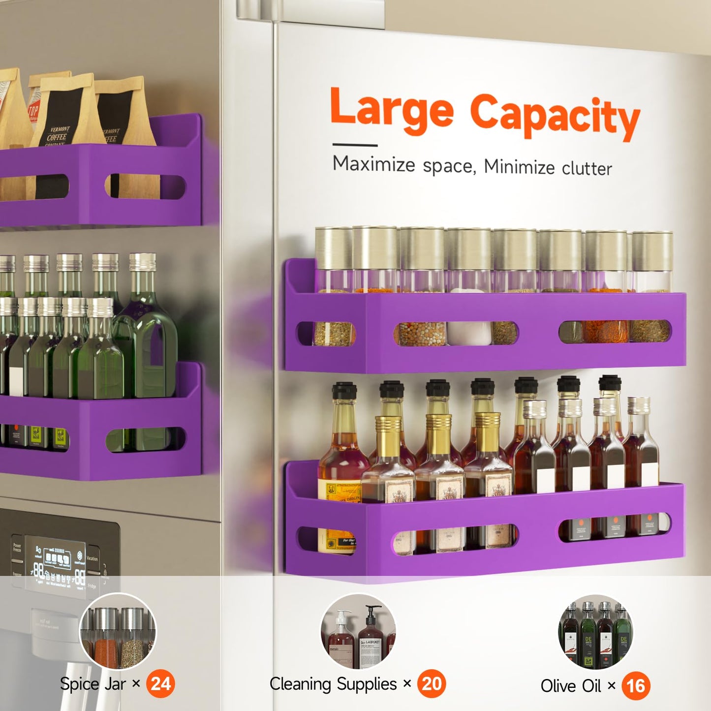 4 Pack Strong Magnetic Spice Rack for Refrigerator, Multipurpose Magnetic Shelf for Fridge with 4 Hooks for kitchen and Bathroom Organization, Black