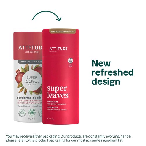 ATTITUDE Plastic-Free Deodorant - EWG Verified, Aluminum-Free, Vegan, 3 Oz | Vine Leaves & Pomegranate