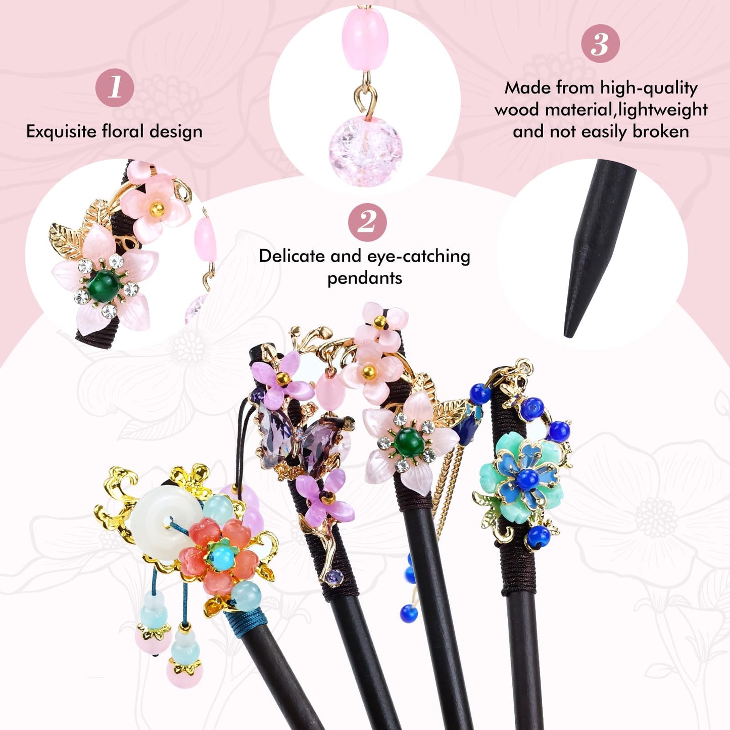 inSowni 8 Pieces Retro Asian Chinese Traditional Hanfu Flower Butterfly Wooden Hair Sticks Pins with Bead Pendants Hair Forks Chopsticks Bun Updo Holders for Women Girls