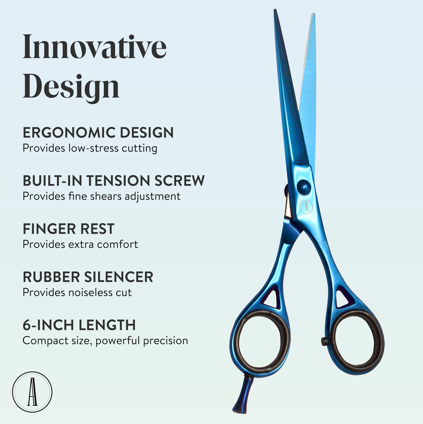 ANDUSTRIAL - Professional Hair Cutting Scissors/Shears For Men/Women/Home/Salon - Premium High Carbon Steel Quality - Smooth And Sharp - Double Notch - 6 Inch, Blue