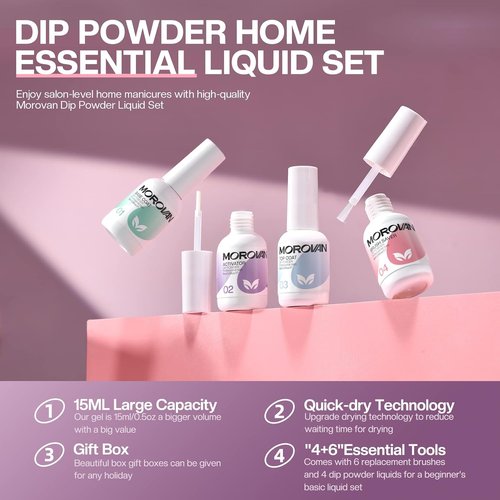 Morovan Dip Powder Liquid Set - Activator, Base & Top Coat with Dipping Brush - 4pcs 0.5oz
