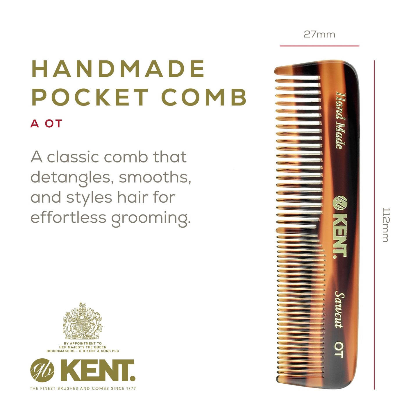Kent OT Kent Pocket Comb 4.4" Fine Tooth Comb and Wide Tooth Comb - Handmade Hair Comb for Men for Travel Hair Combs, Beard Comb and Mustache Comb - Combs for Women and Kids, Saw Cut and Hand Polished
