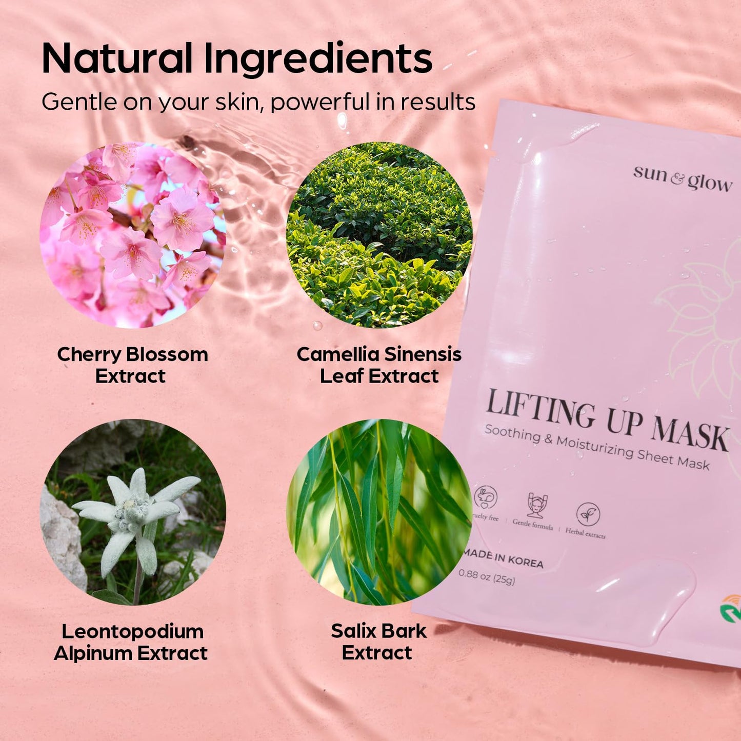 Sun & Glow Vegan Lifting Up Mask - Herbal Ingredients for Soothing & Moisturizing Sensitive Skin | 0.88oz (5 Packs)