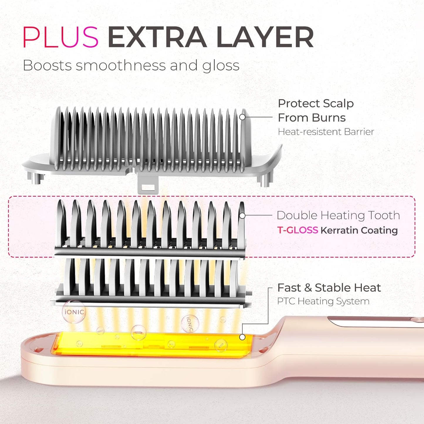 TYMO Ring Plus Ionic Hair Straightener Brush - Professional Styling Tool with Titanium Coating, 9 Temp Settings & LED Display, Gold Blush