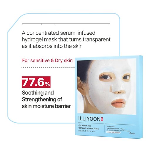 Illiyoon Ceramide Ato Concentrate Gel Face Mask - Hydrating Overnight Hydrogel Mask with Hyaluronic Acid | 34g x 4ea, Pore Tightening, Glass Skin Glow