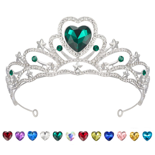 SWEETV Birthday Crowns for Women Girls Birthstone Heart Princess Tiara Silver Wedding Headband for Birth Day Party Photograph, May