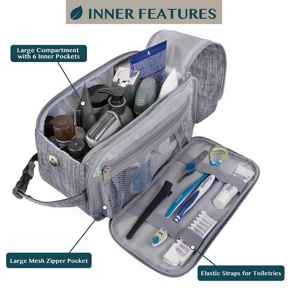 PAVILIA Toiletry Bag for Men, Travel Essentials Shaving Dopp Kit, Mens Travel Bag Toiletries Organizer Case for Grooming, PU Leather Water Resistant Cosmetic Bag Pouch (Heather Grey)