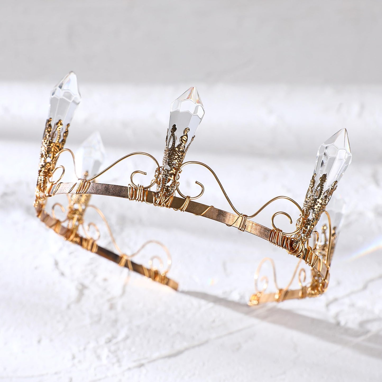 COTEEZA Gold Fairy Crystal Crown - Handmade Raw Quartz with King and Queen Crown Classic Fashion Retro Princess Crown Renaissance Costume Hair Accessories for Cosplay Halloween