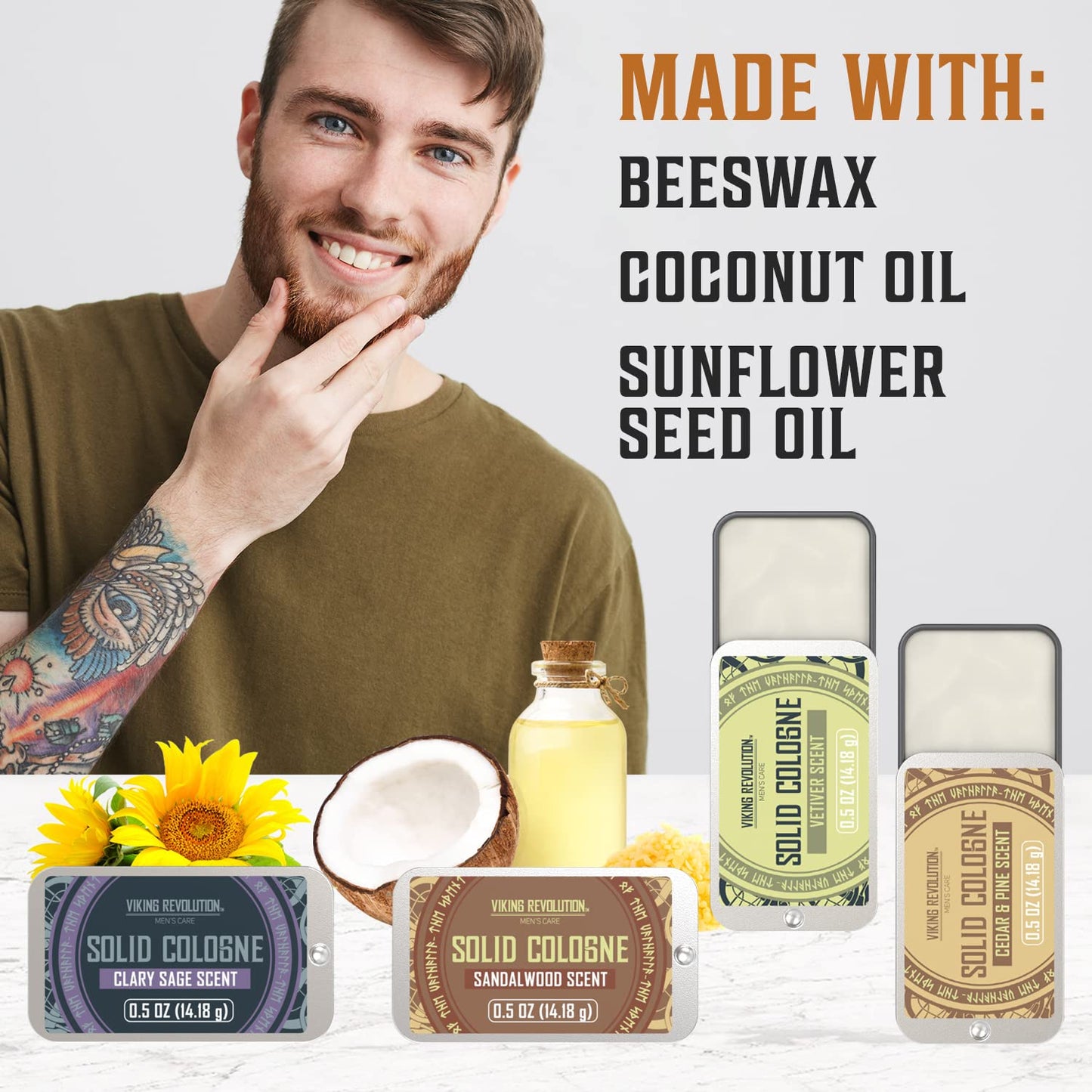 Viking Revolution Solid Cologne 4-Pack - Travel-Friendly Men's Perfume with Cedar Wood, Clary Sage, Vetiver & Sandalwood - 0.5 Oz Each