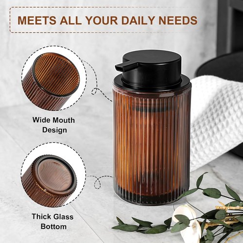 KASUNTING Foaming Soap Dispenser - Amber Glass Ribbed Pump Bottle | 11 Fl Oz Modern Bathroom Accessory