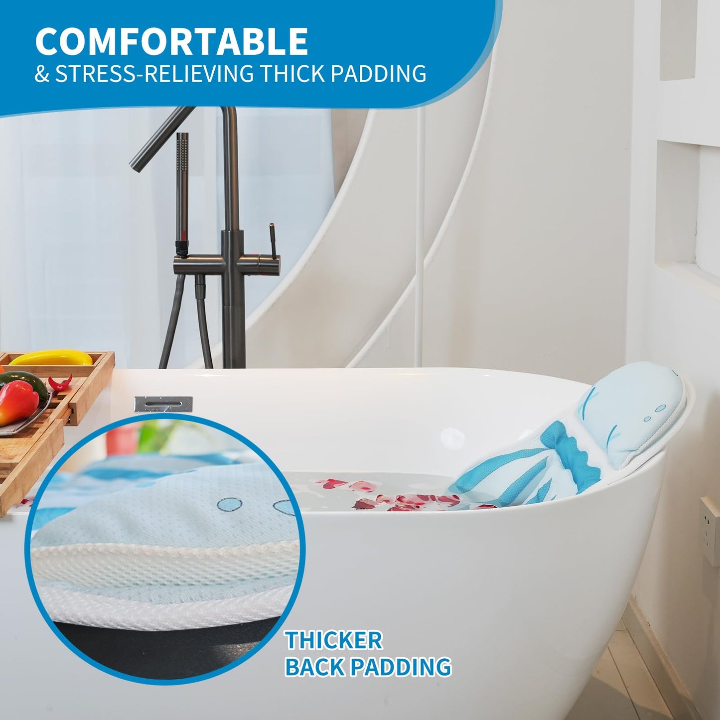 MANDREX Bath Pillow, Bath Pillow for Tub, Luxury Bathtub Pillow for Neck and Back Support,4D Mesh Fabric and Non-Slip Suction Cups,Relaxing Bath Accessories for Women and Men,Fits All Bathtubs