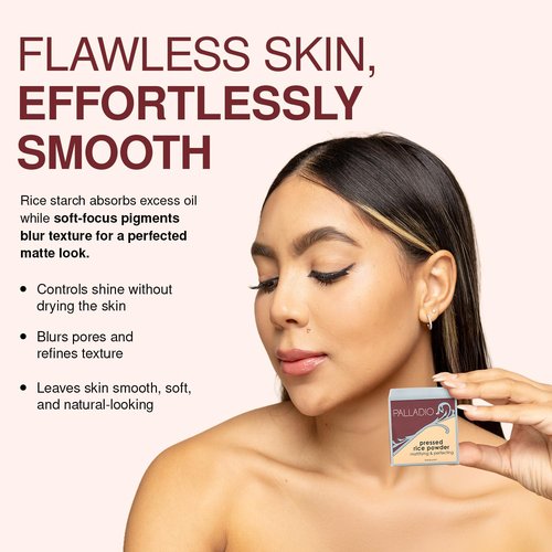 Palladio Pressed Rice Powder - Oil-Absorbing Face Mattifying Setting Powder | Translucent Compact with Mirror & Sponge
