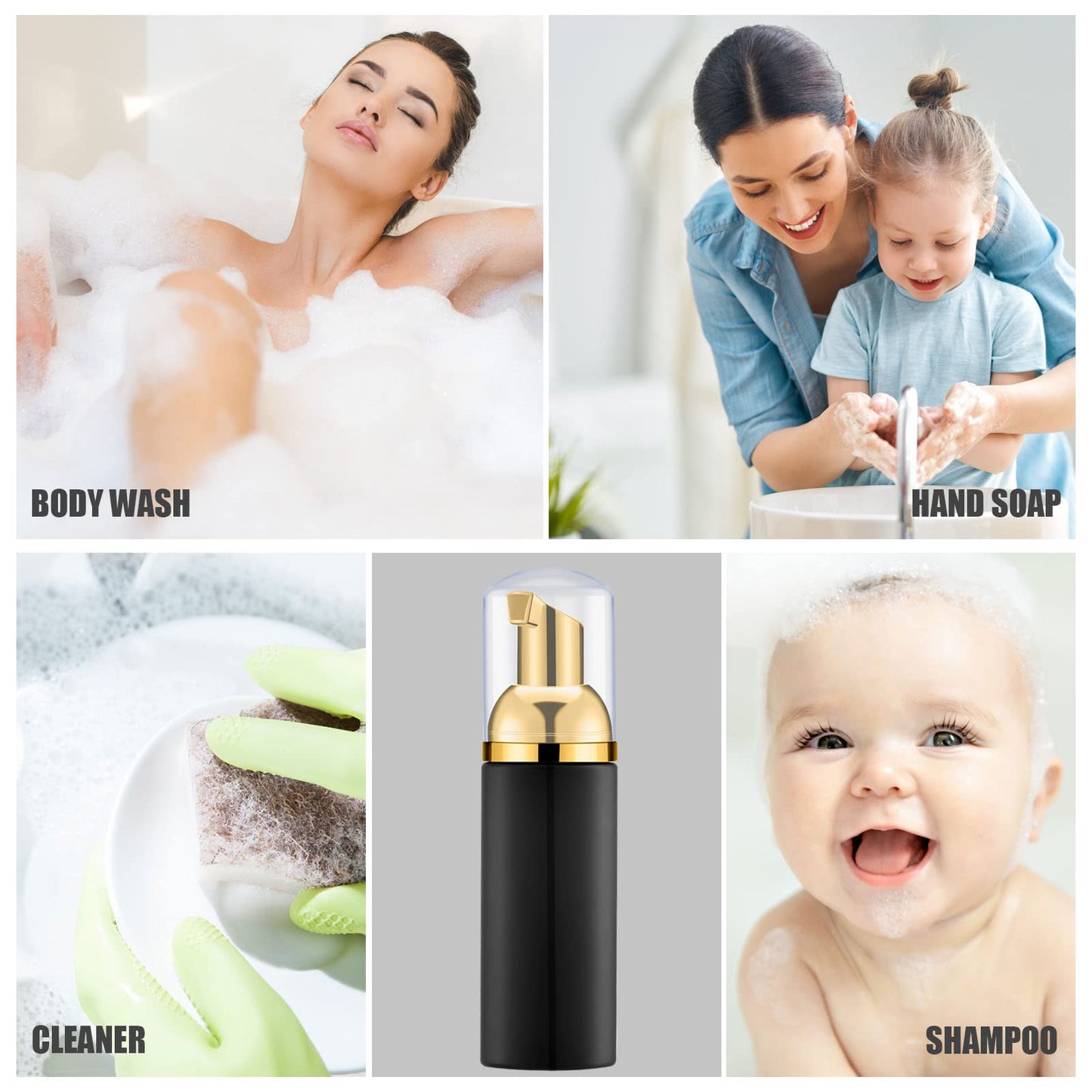 Lil Ray 50PCS Black Foam Bottle with Gold Pump, Empty Travel Foaming Dispensers for Hand Soap,Lash Shampoo(2 Oz)