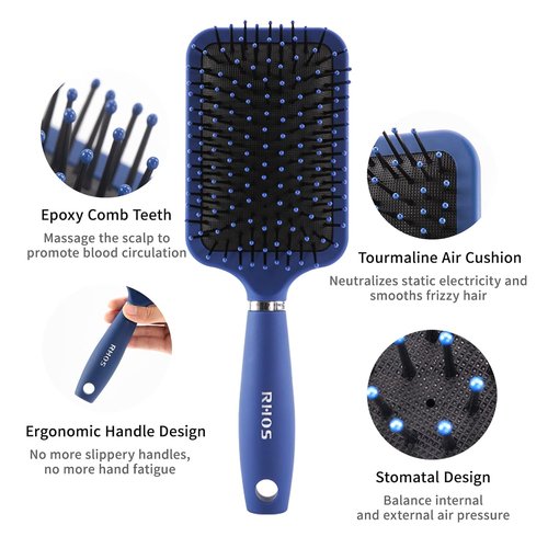 RHOS Paddle Hair Brush for Men - Detangling Brush with Nylon Bristles for All Hair Types - Blue