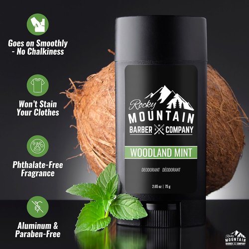 Rocky Mountain Barber Company Natural Deodorant for Men - Aluminum Free, Plant-Based, Peppermint - 2 Pack, 2.65 oz Each