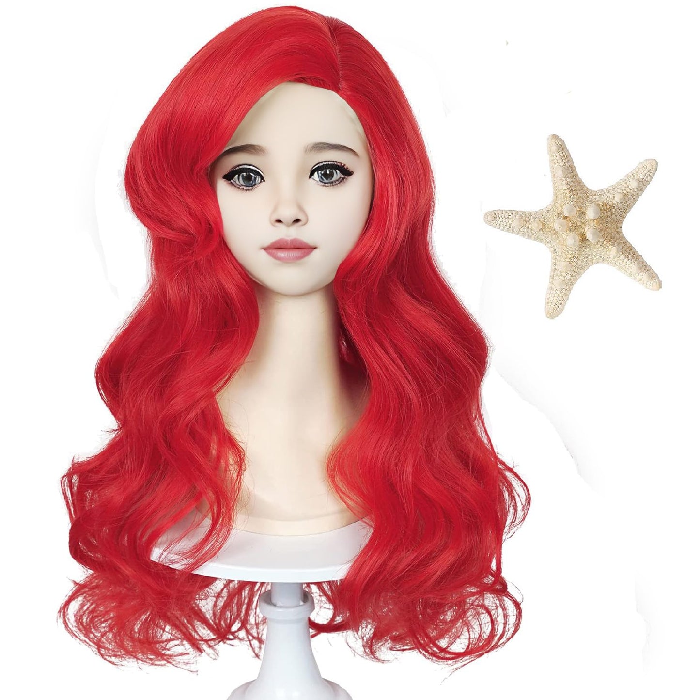 Wiggy Mermaid Wig + Starfish Hairpin Kids Red Long Curly Wavy Cosplay Wigs with Bangs Halloween Party Costume Heat Resistant Wig + Wig Cap