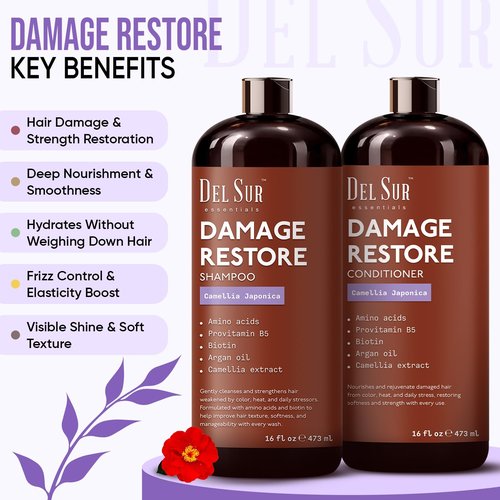 DEL SUR Hair Repair Shampoo & Conditioner Set - 16 Fl Oz Each | Moisturizing with Camellia Japonica & Biotin