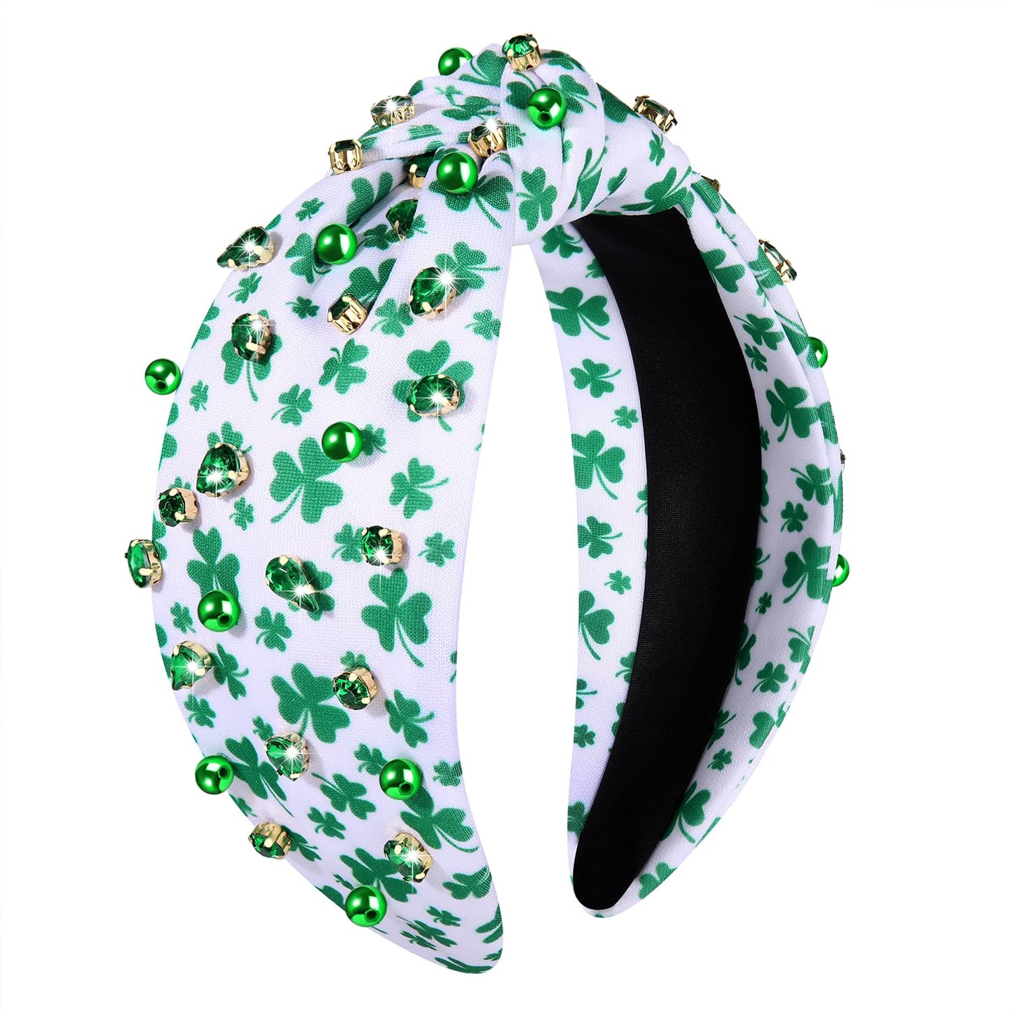 NVENF St.Patrick's Day Headband for Women Green Shamrock Knotted Headbands Rhinestone Crystal Lucky Leaf Embellished Wide Top Knot Headbands St.Patrick's Day Accessories Outfits Gifts (Printed 2)