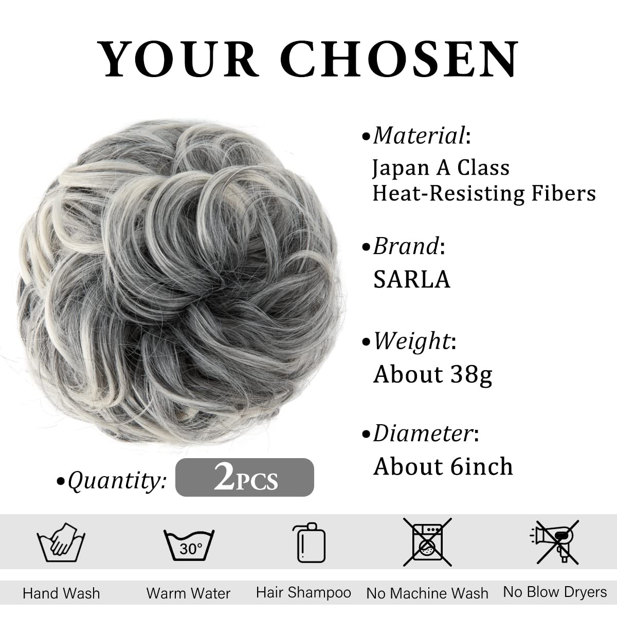 SARLA 2PCS Messy Hair Bun Hair Pieces Wavy Curly Synthetic Updo Fake Scrunchies Ponytail Extension for Women Salt and Pepper