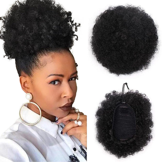 AISI QUEENS Natural Black Puff Ponytail for Women And Kids, Synthetic Curly Hair Ponytail African American Short Afro Puff Ponytail Hair Extensions Wig with 2 Clips(1B#)