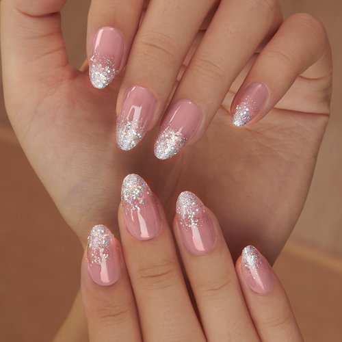 Curvlife Press On Nails Medium Almond Apricot - 30pcs Handmade Glitter Press on Nails with Glue, Glossy Nude Pink Apricot Full Cover Fake Nails Long Lasting False Nail Tips for Women